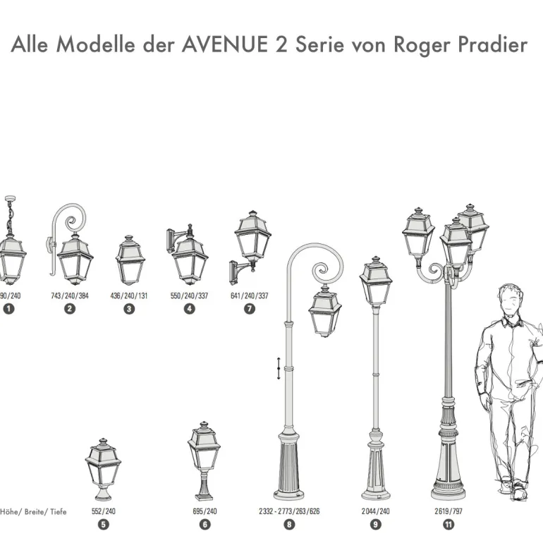 Elegante Wandlaterne Avenue 2 aus Messing oder Aluminium