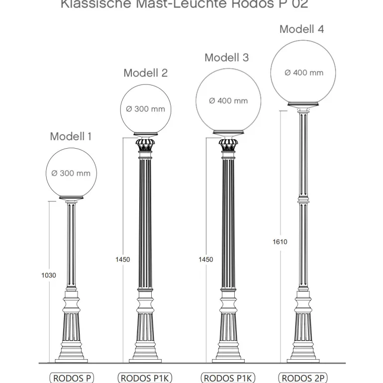 Klassische Mast-Außenleuchte mit Kugel Rodos P 02