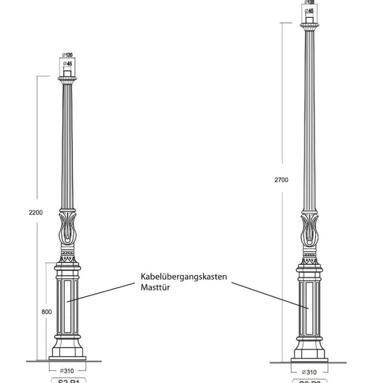 Klassischer Mast aus Aluminiumguss S2 P1.P3 220 / 270 cm