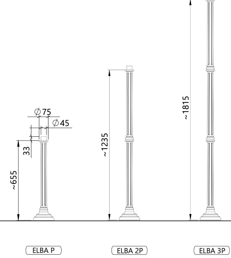 Kleine Säule ELBA P mit kannelierter Stange 66 / 124 / 182 cm