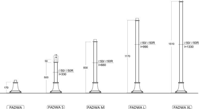 Mastserie PADWA mit rundem Sockel 16,5 / 50 / 83 / 117 / 151 cm