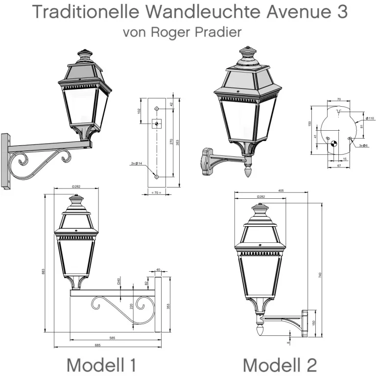 Traditionelle Wandleuchte Avenue 3 mit LED