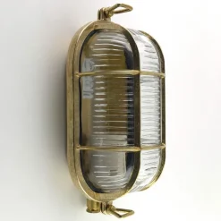 Vergitterte Messing-Fabrikleuchte mit Holophanglas