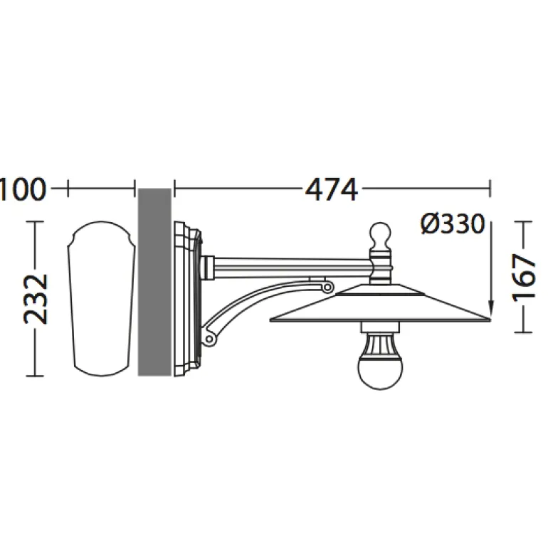 Wandlampe für außen ohne Glas mit Armstütze