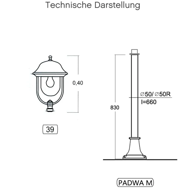 Wegeleuchte mit Rundlaterne Padwa M.39