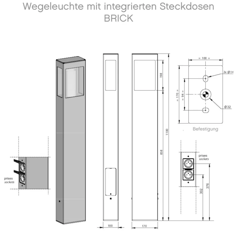 Wegeleuchte mit zwei Schuko-Steckdosen Brick